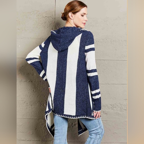 Long Hooded Oversized Knit Open Front Drape Cardigan Handkerchief Bohemian Chic - Picture 4 of 14